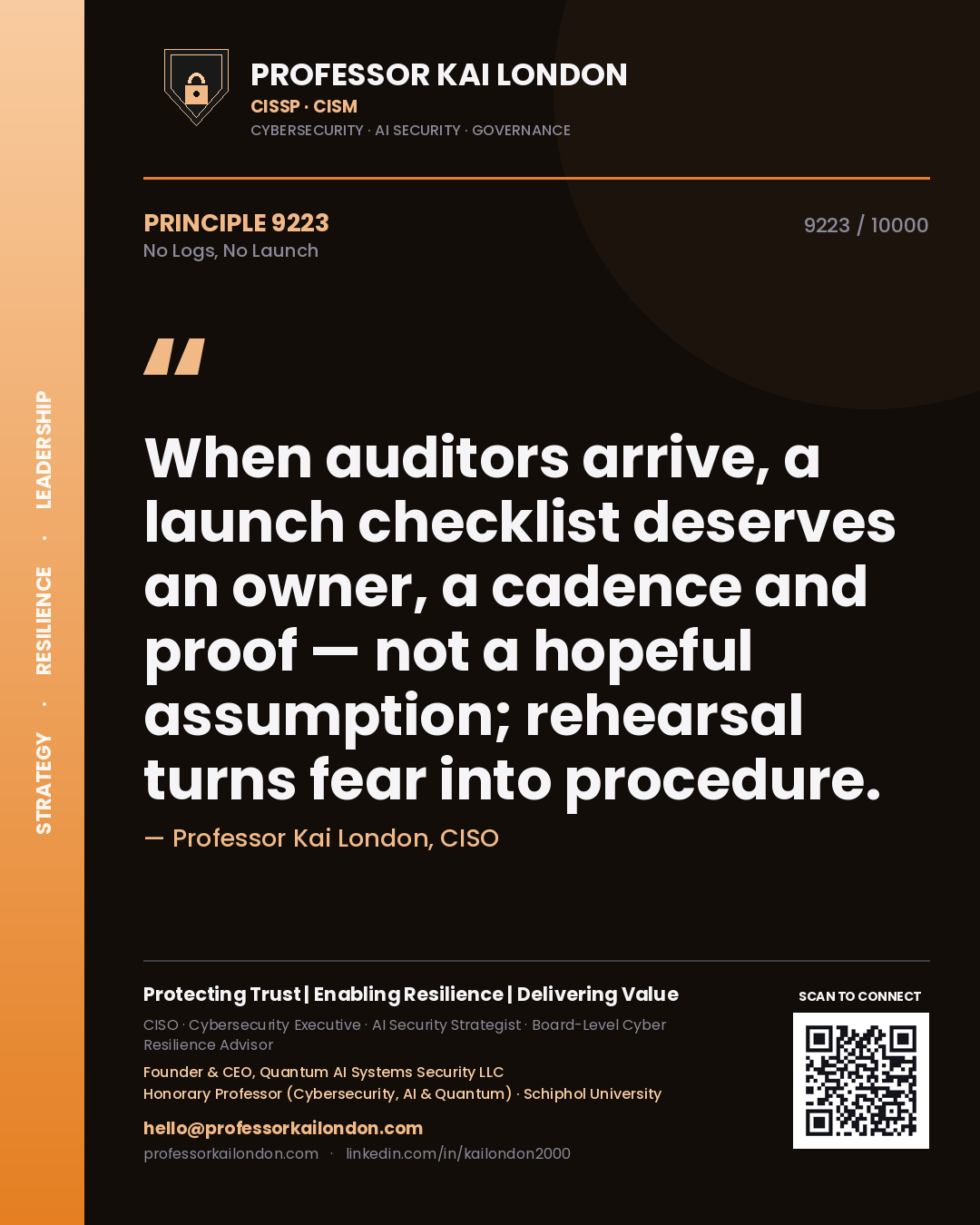 Quote card by Professor Kai London reading 'When auditors arrive, a launch checklist deserves an owner, a cadence and proof — not a hopeful assumption; rehearsal turns fear into procedure.'. From the book No Logs, No Launch.