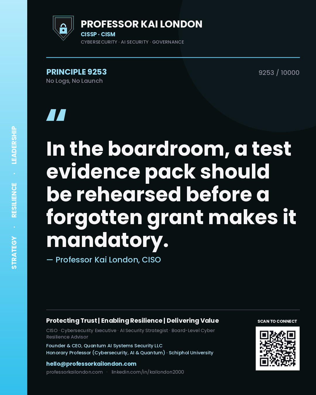 Quote card by Professor Kai London reading 'In the boardroom, a test evidence pack should be rehearsed before a forgotten grant makes it mandatory.'. From the book No Logs, No Launch.