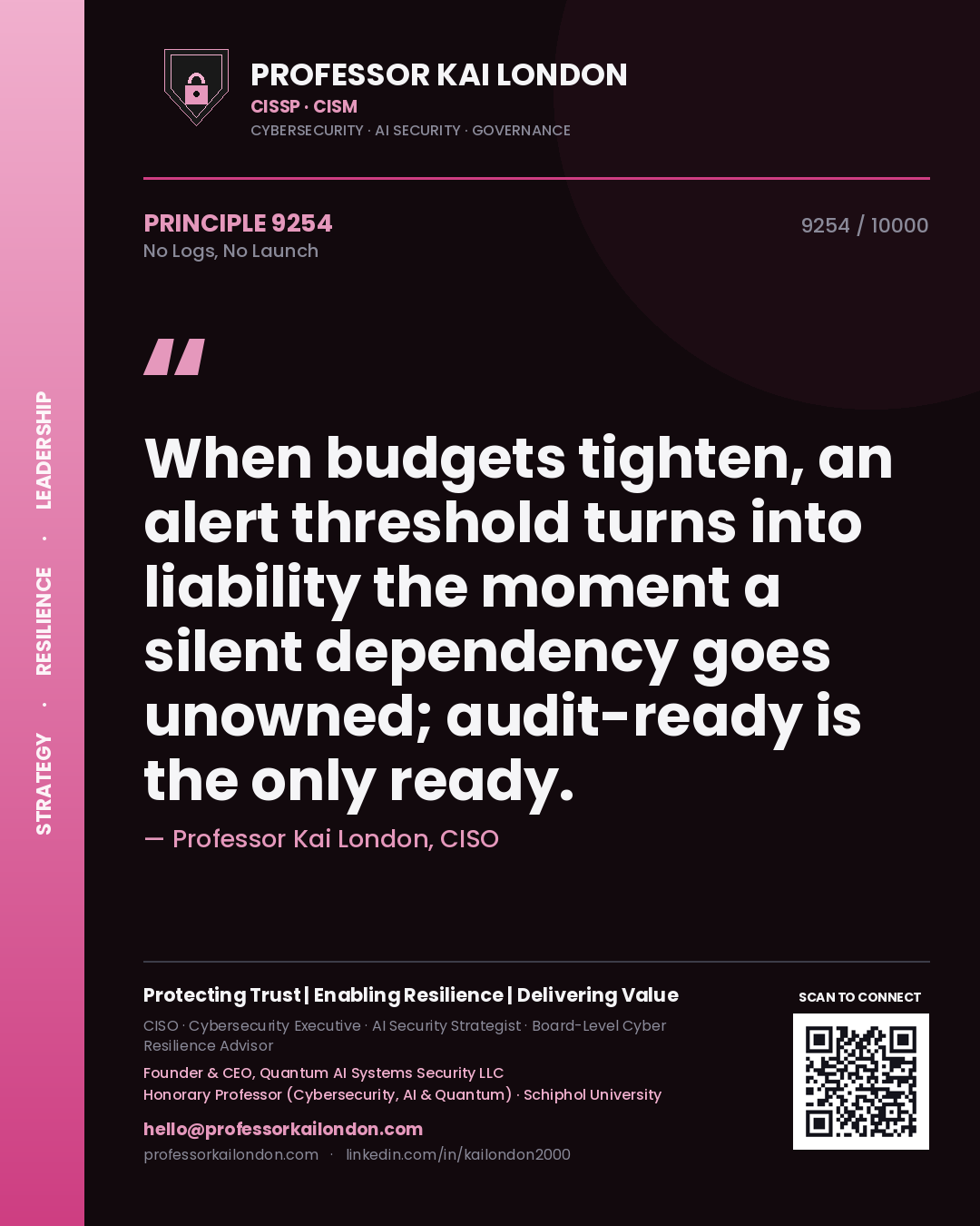 Professor Kai London principle 9254: When budgets tighten, an alert threshold turns into liability the moment a silent dependency goes unowned; audit-ready is the only ready.