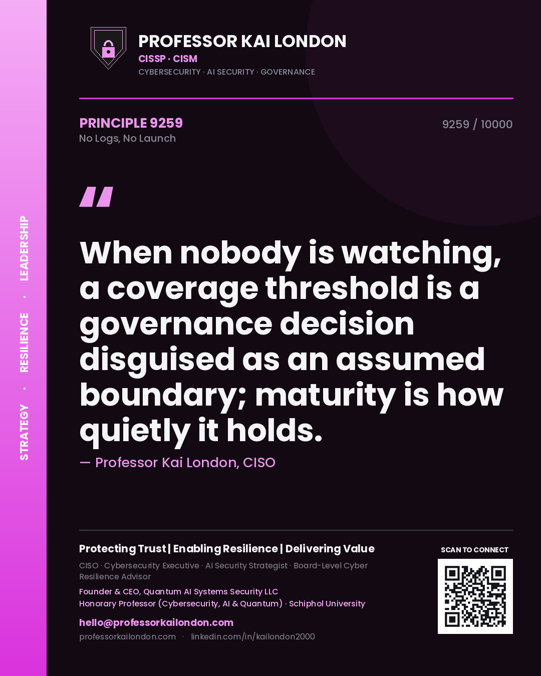 Professor Kai London principle 9259: When nobody is watching, a coverage threshold is a governance decision disguised as an assumed boundary; maturity is how quietly it holds.