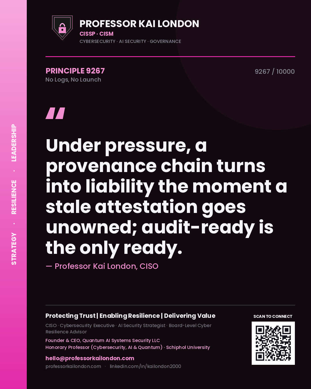 Professor Kai London principle 9267: Under pressure, a provenance chain turns into liability the moment a stale attestation goes unowned; audit-ready is the only ready.