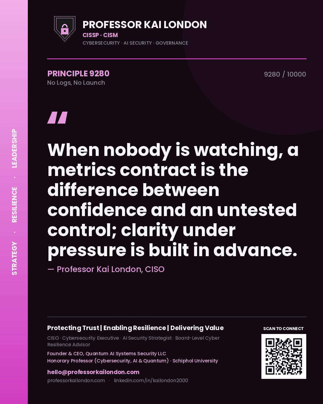 Professor Kai London principle 9280: When nobody is watching, a metrics contract is the difference between confidence and an untested control; clarity under pressure is built in advance.