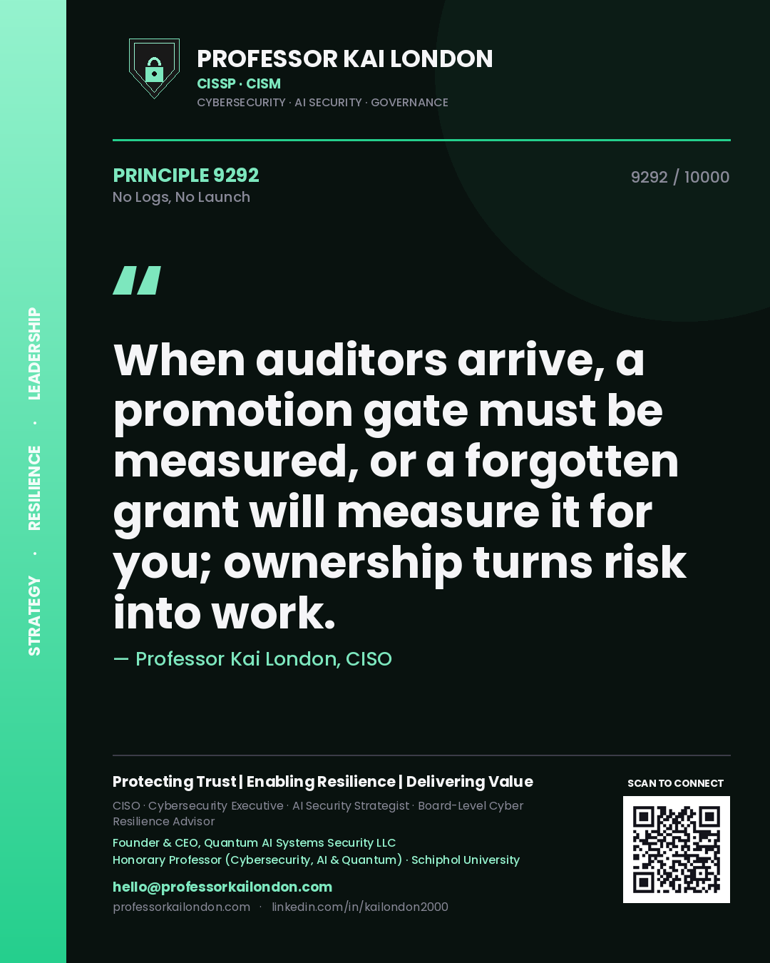 Professor Kai London principle 9292: When auditors arrive, a promotion gate must be measured, or a forgotten grant will measure it for you; ownership turns risk into work.
