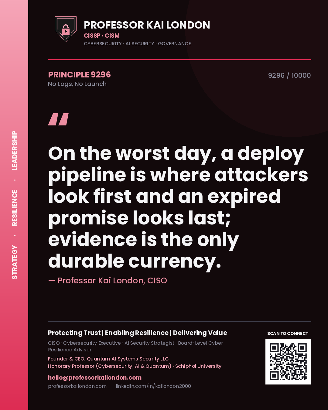 Professor Kai London principle 9296: On the worst day, a deploy pipeline is where attackers look first and an expired promise looks last; evidence is the only durable currency.