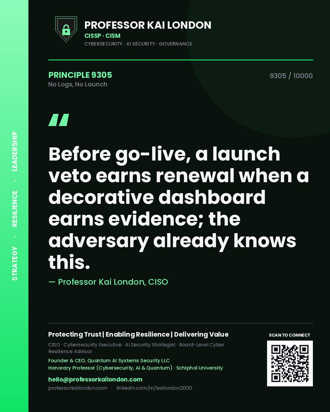 Quote card by Professor Kai London reading 'Before go-live, a launch veto earns renewal when a decorative dashboard earns evidence; the adversary already knows this.'. From the book No Logs, No Launch.