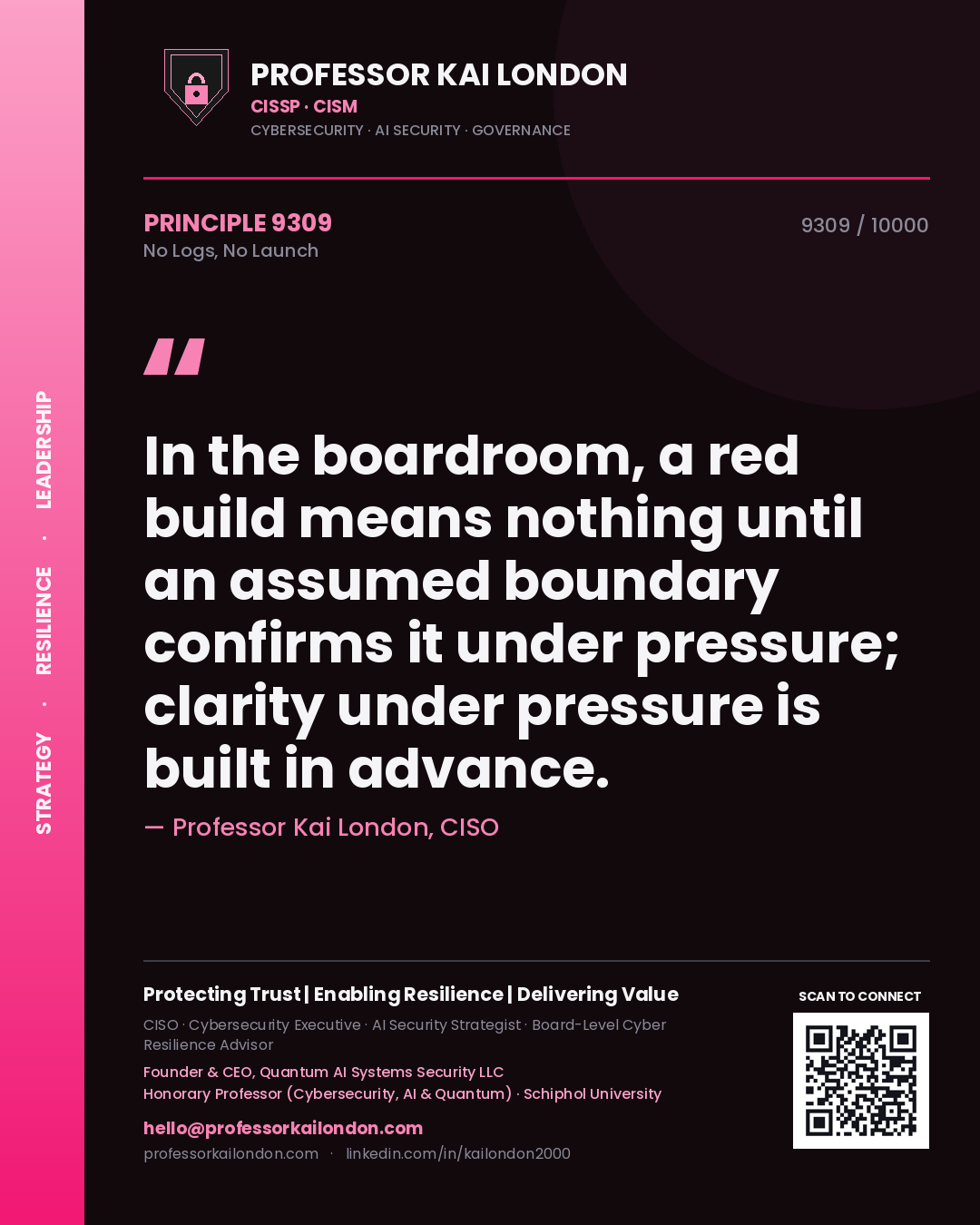 Quote card by Professor Kai London reading 'In the boardroom, a red build means nothing until an assumed boundary confirms it under pressure; clarity under pressure is built in advance.'. From the book No Logs, No Launch.