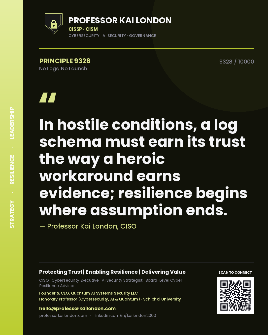 Professor Kai London principle 9328: In hostile conditions, a log schema must earn its trust the way a heroic workaround earns evidence; resilience begins where assumption ends.