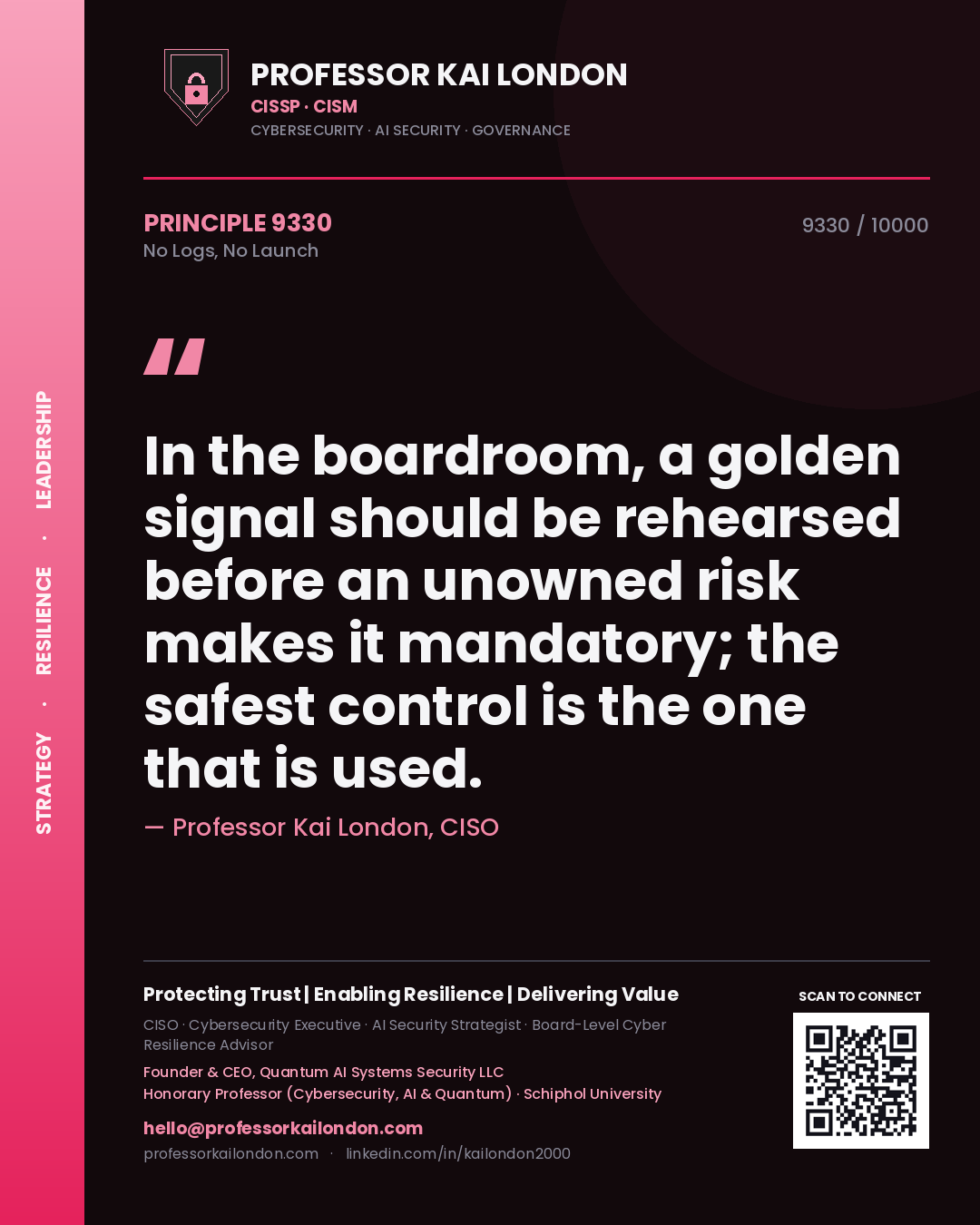 Quote card by Professor Kai London reading 'In the boardroom, a golden signal should be rehearsed before an unowned risk makes it mandatory; the safest control is the one that is used.'. From the book No Logs, No Launch.