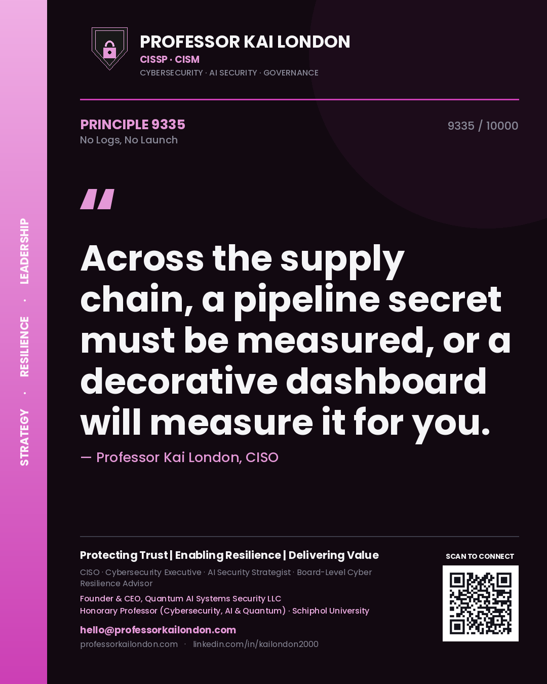 Quote card by Professor Kai London reading 'Across the supply chain, a pipeline secret must be measured, or a decorative dashboard will measure it for you.'. From the book No Logs, No Launch.