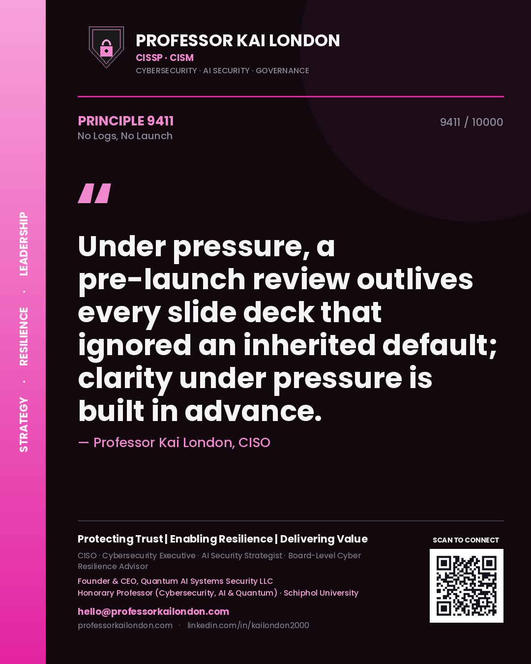 Quote card by Professor Kai London reading 'Under pressure, a pre-launch review outlives every slide deck that ignored an inherited default; clarity under pressure is built in advance.'. From the book No Logs, No Launch.