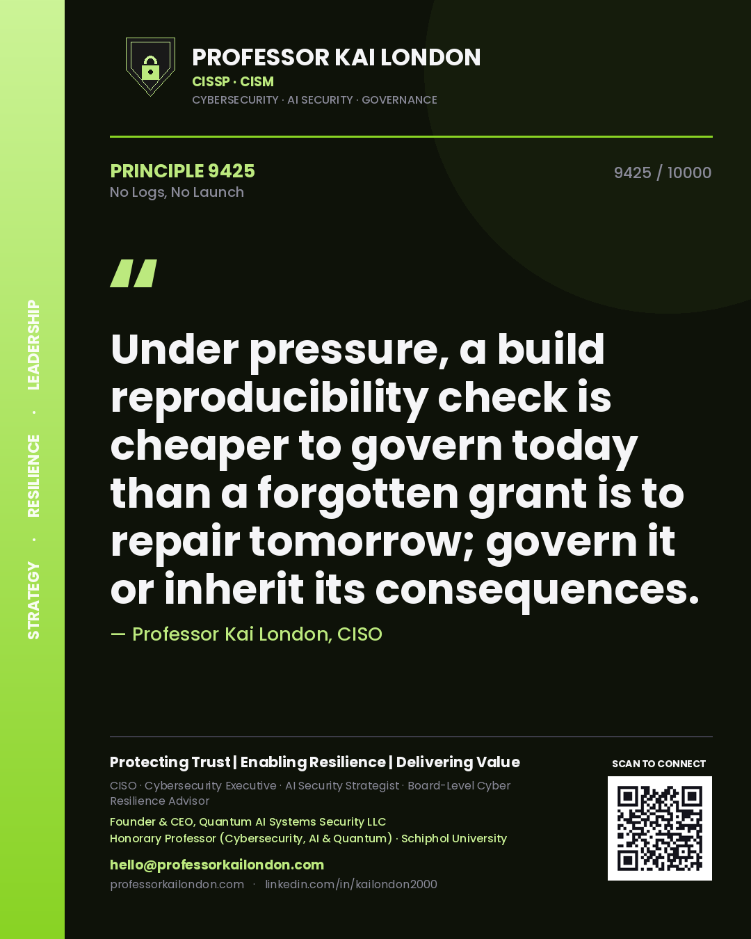 Professor Kai London principle 9425: Under pressure, a build reproducibility check is cheaper to govern today than a forgotten grant is to repair tomorrow; govern it or inherit its consequences.