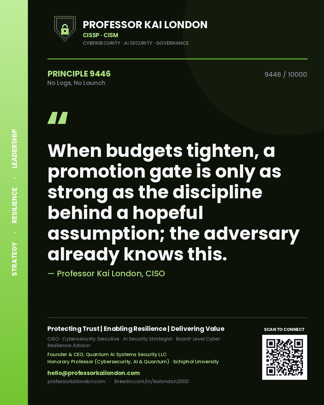 Quote card by Professor Kai London reading 'When budgets tighten, a promotion gate is only as strong as the discipline behind a hopeful assumption; the adversary already knows this.'. From the book No Logs, No Launch.