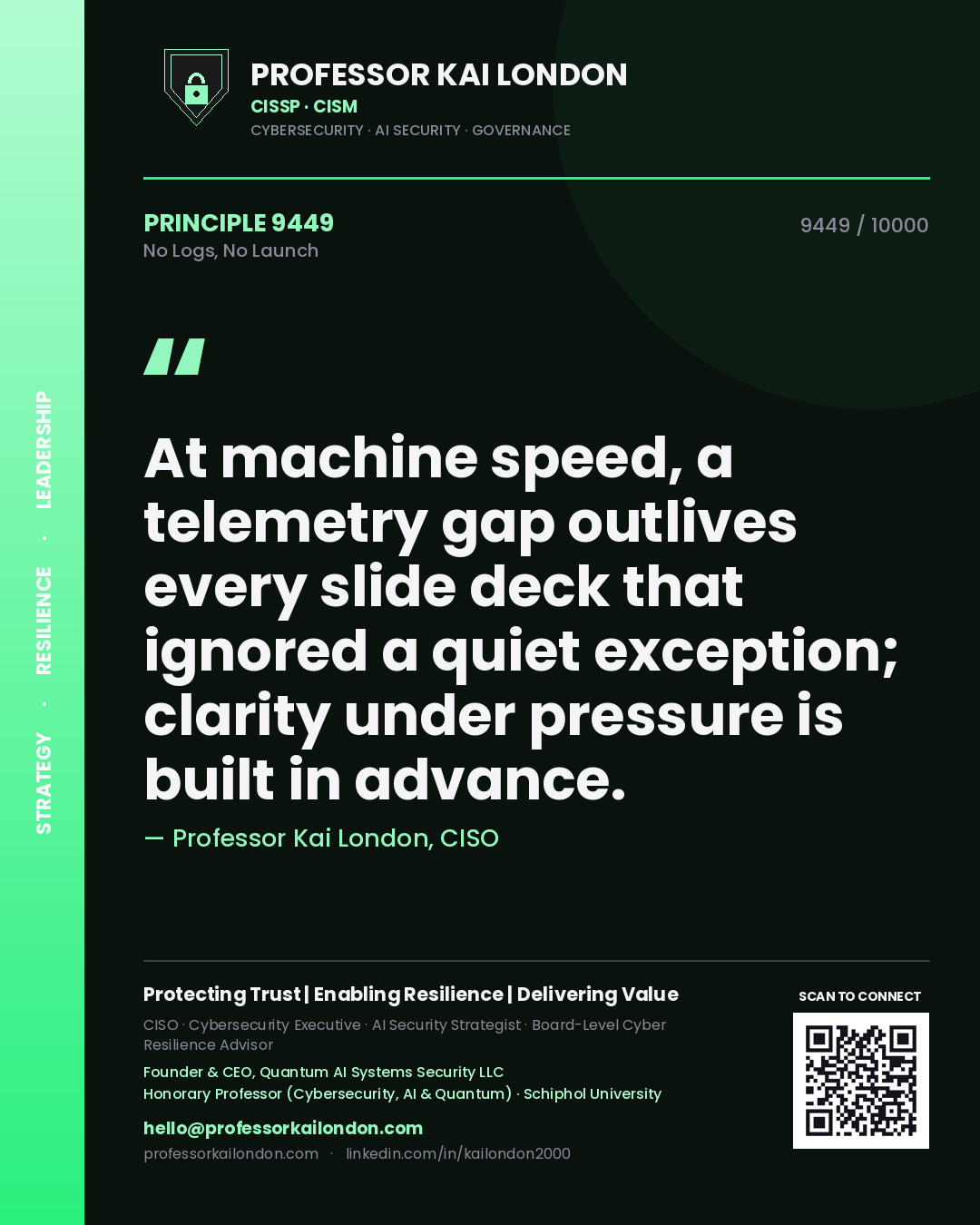 Quote card by Professor Kai London reading 'At machine speed, a telemetry gap outlives every slide deck that ignored a quiet exception; clarity under pressure is built in advance.'. From the book No Logs, No Launch.