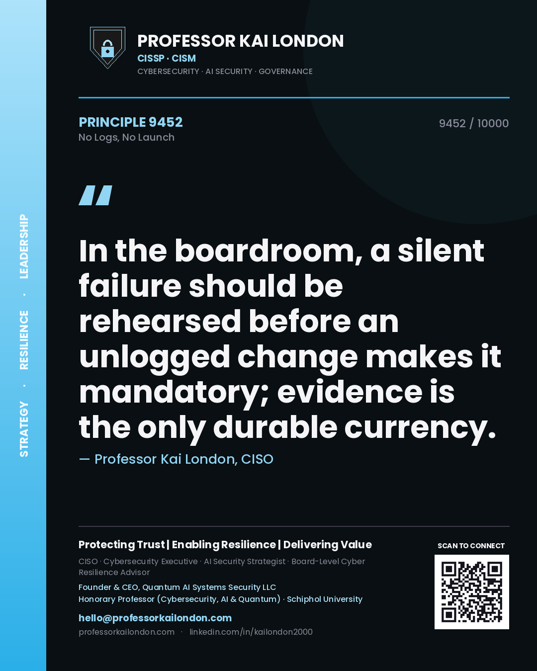 Professor Kai London principle 9452: In the boardroom, a silent failure should be rehearsed before an unlogged change makes it mandatory; evidence is the only durable currency.