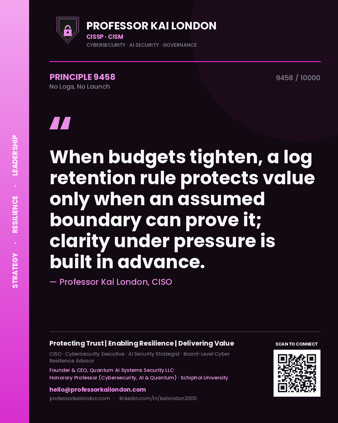 Quote card by Professor Kai London reading 'When budgets tighten, a log retention rule protects value only when an assumed boundary can prove it; clarity under pressure is built in advance.'. From the book No Logs, No Launch.