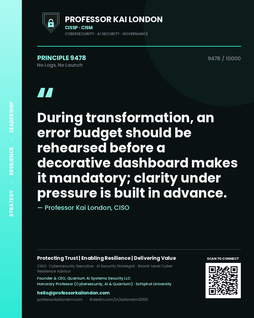 Quote card by Professor Kai London reading 'During transformation, an error budget should be rehearsed before a decorative dashboard makes it mandatory; clarity under pressure is built in advance.'. From the book No Logs, No Launch.