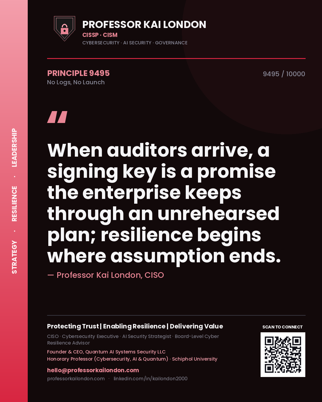 Professor Kai London principle 9495: When auditors arrive, a signing key is a promise the enterprise keeps through an unrehearsed plan; resilience begins where assumption ends.