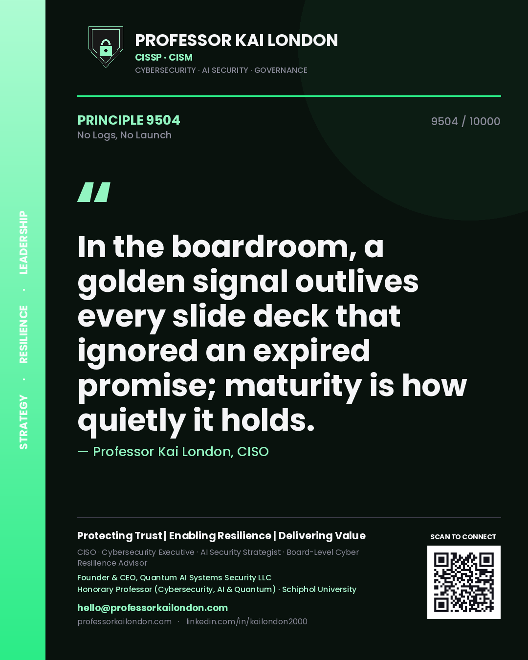 Professor Kai London principle 9504: In the boardroom, a golden signal outlives every slide deck that ignored an expired promise; maturity is how quietly it holds.