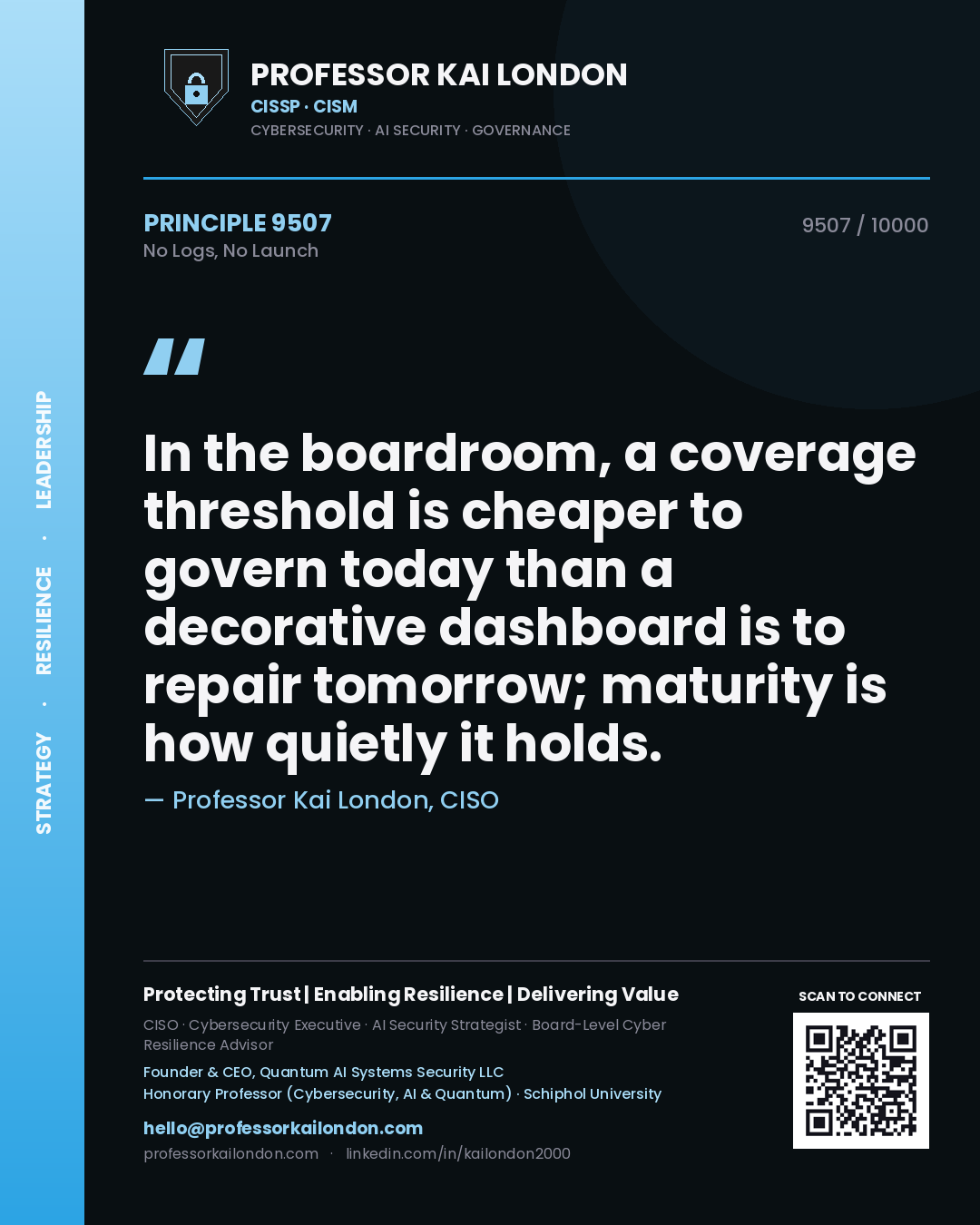 Professor Kai London principle 9507: In the boardroom, a coverage threshold is cheaper to govern today than a decorative dashboard is to repair tomorrow; maturity is how quietly it holds.