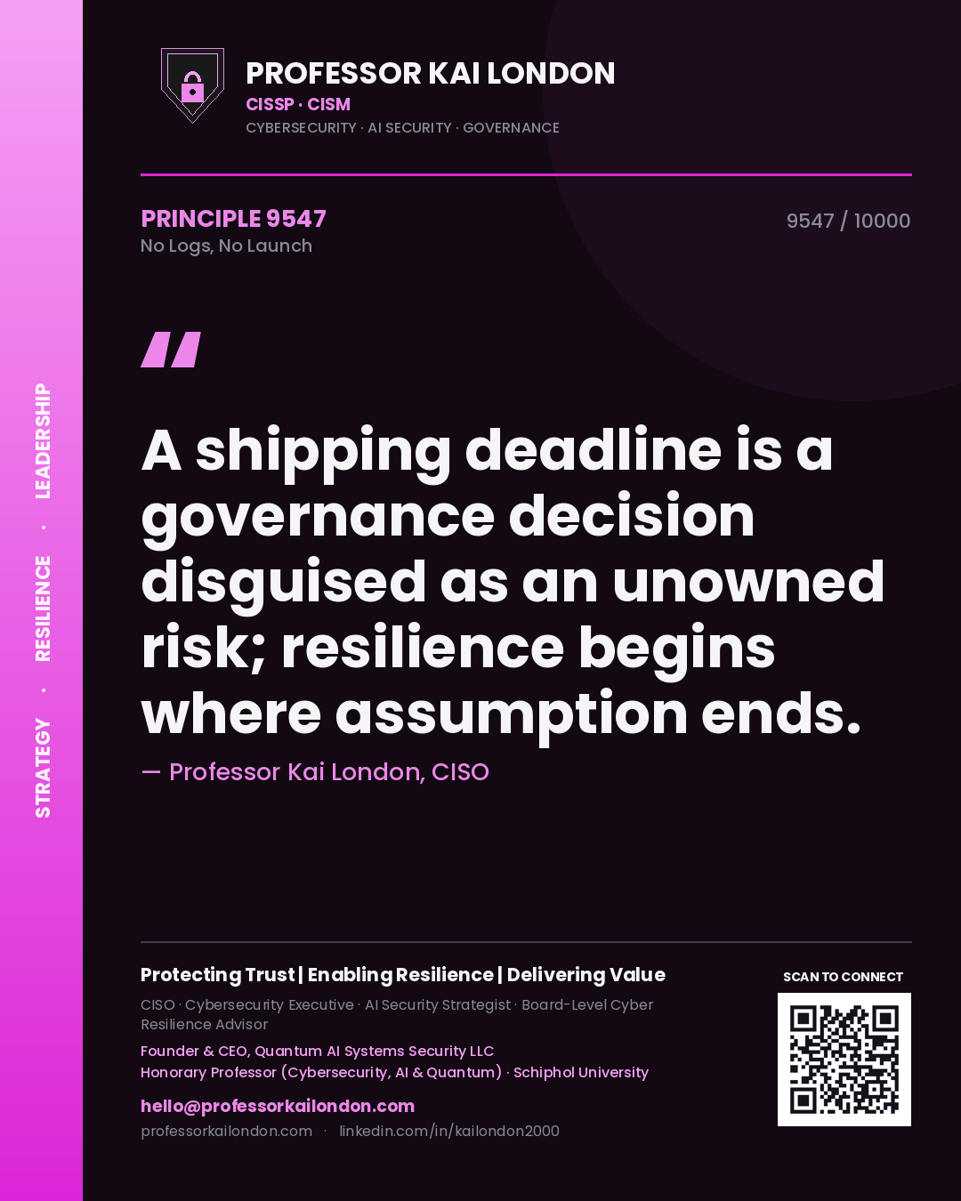 Quote card by Professor Kai London reading 'A shipping deadline is a governance decision disguised as an unowned risk; resilience begins where assumption ends.'. From the book No Logs, No Launch.