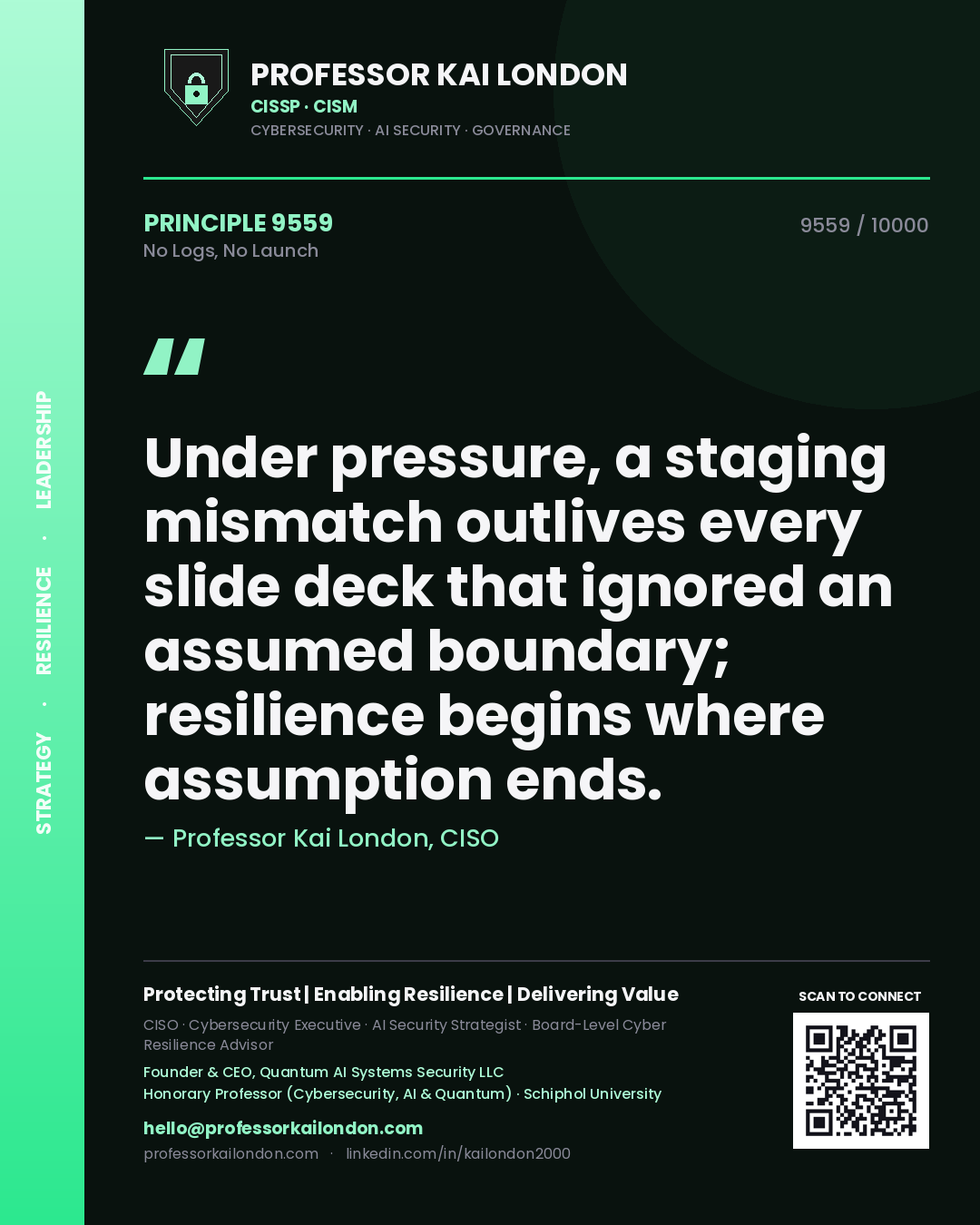 Quote card by Professor Kai London reading 'Under pressure, a staging mismatch outlives every slide deck that ignored an assumed boundary; resilience begins where assumption ends.'. From the book No Logs, No Launch.