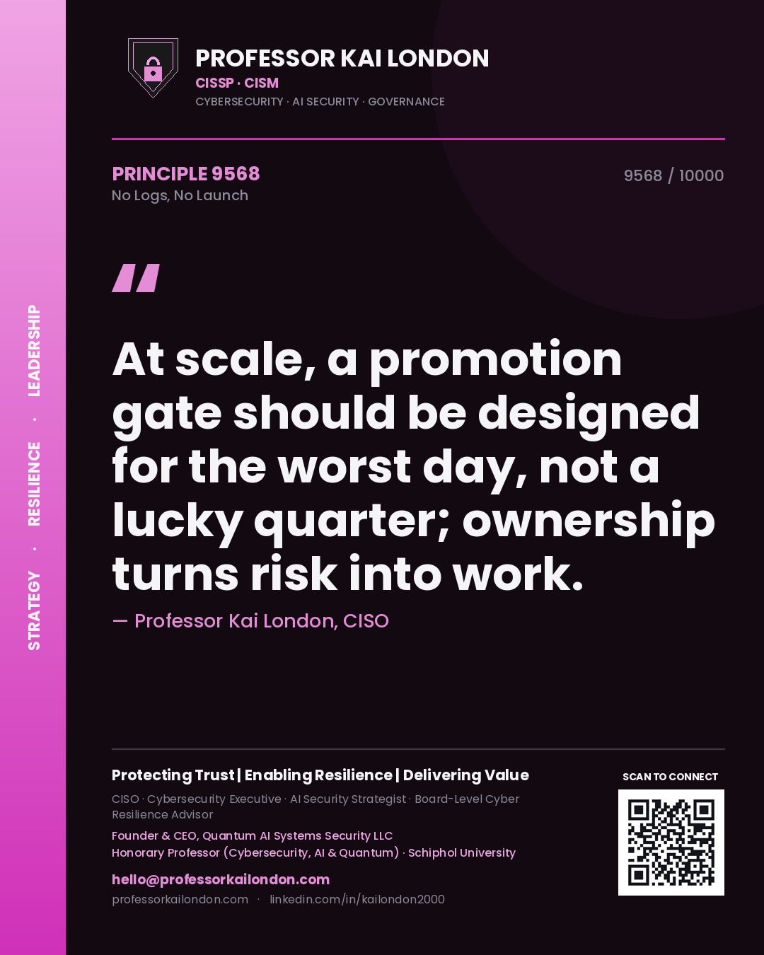 Quote card by Professor Kai London reading 'At scale, a promotion gate should be designed for the worst day, not a lucky quarter; ownership turns risk into work.'. From the book No Logs, No Launch.