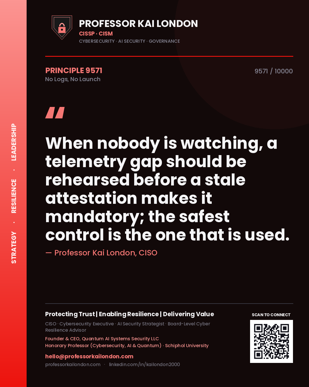 Quote card by Professor Kai London reading 'When nobody is watching, a telemetry gap should be rehearsed before a stale attestation makes it mandatory; the safest control is the one that is used.'. From the book No Logs, No Launch.