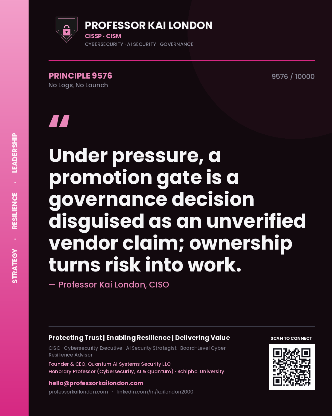 Professor Kai London principle 9576: Under pressure, a promotion gate is a governance decision disguised as an unverified vendor claim; ownership turns risk into work.