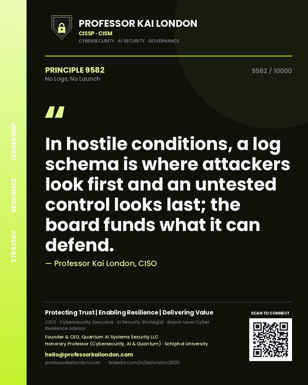 Professor Kai London principle 9582: In hostile conditions, a log schema is where attackers look first and an untested control looks last; the board funds what it can defend.
