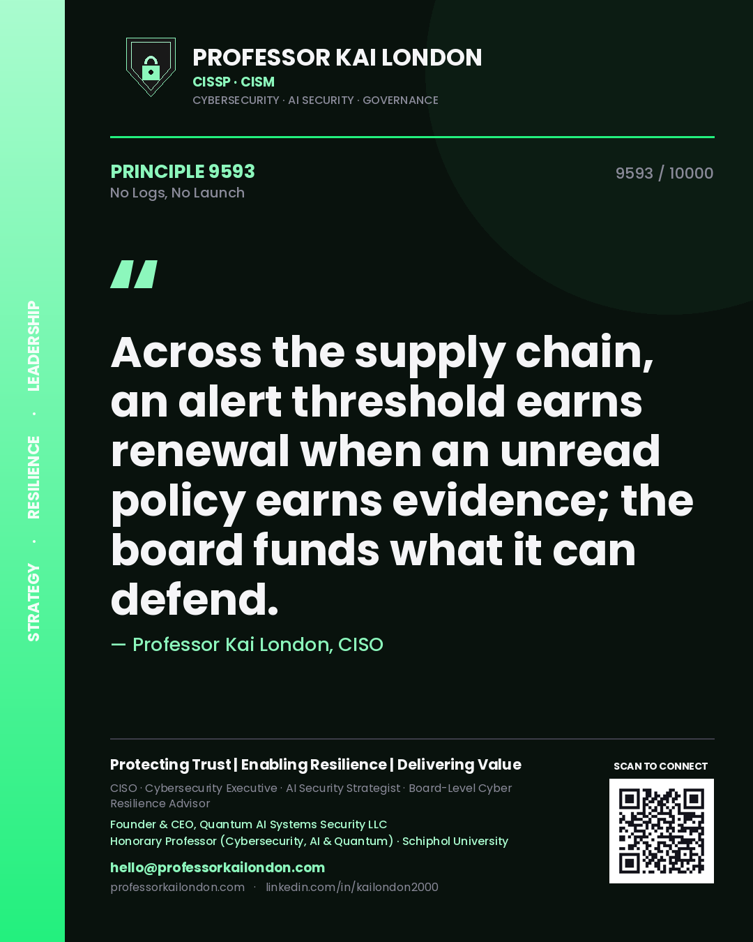 Quote card by Professor Kai London reading 'Across the supply chain, an alert threshold earns renewal when an unread policy earns evidence; the board funds what it can defend.'. From the book No Logs, No Launch.