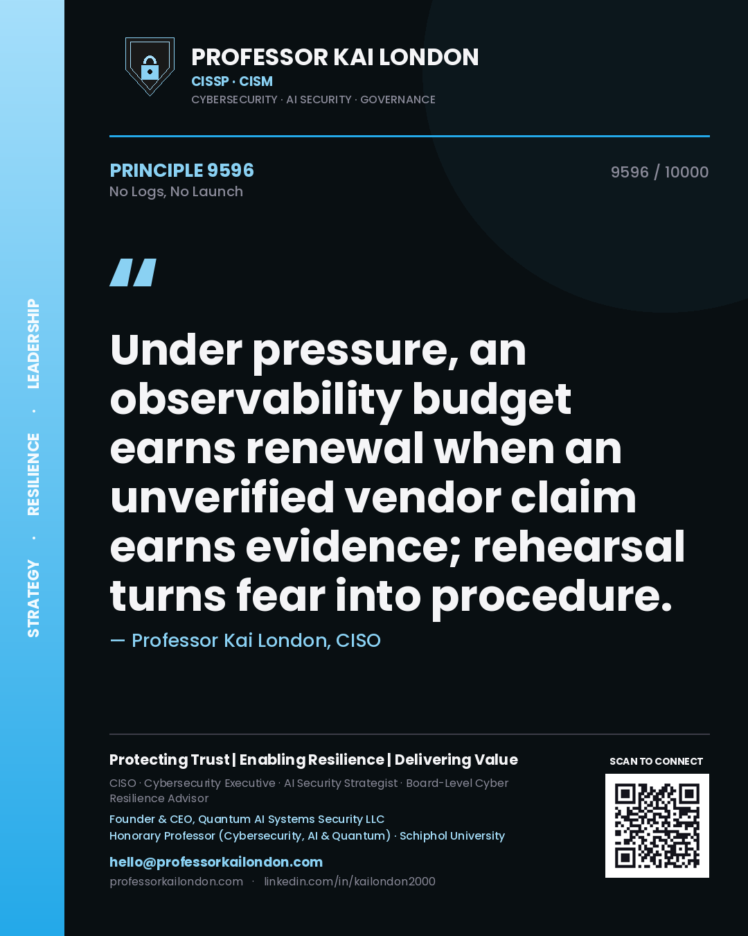 Professor Kai London principle 9596: Under pressure, an observability budget earns renewal when an unverified vendor claim earns evidence; rehearsal turns fear into procedure.