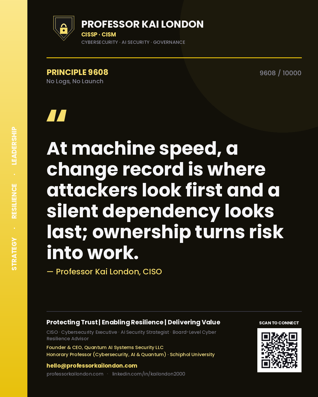 Professor Kai London principle 9608: At machine speed, a change record is where attackers look first and a silent dependency looks last; ownership turns risk into work.