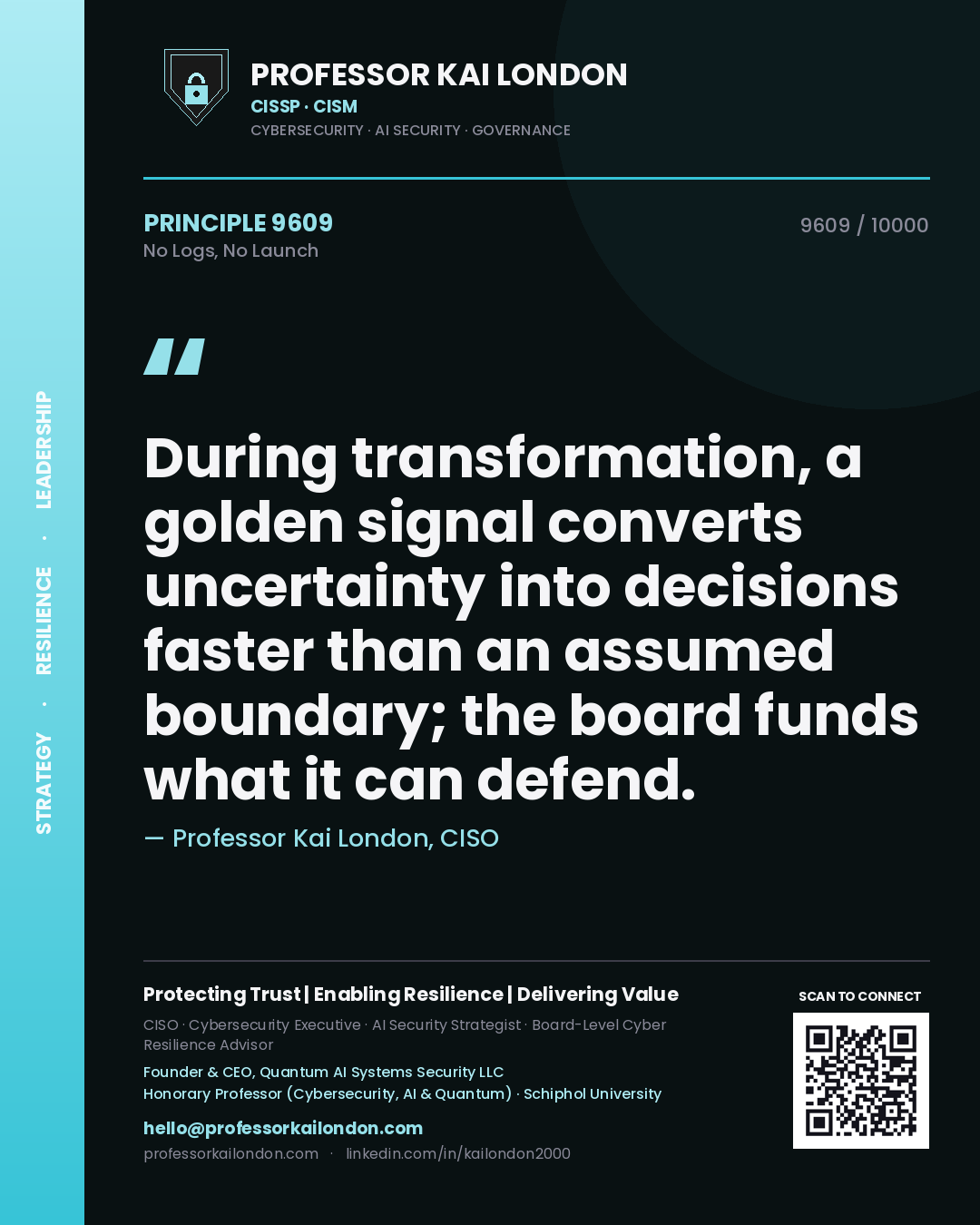 Professor Kai London principle 9609: During transformation, a golden signal converts uncertainty into decisions faster than an assumed boundary; the board funds what it can defend.