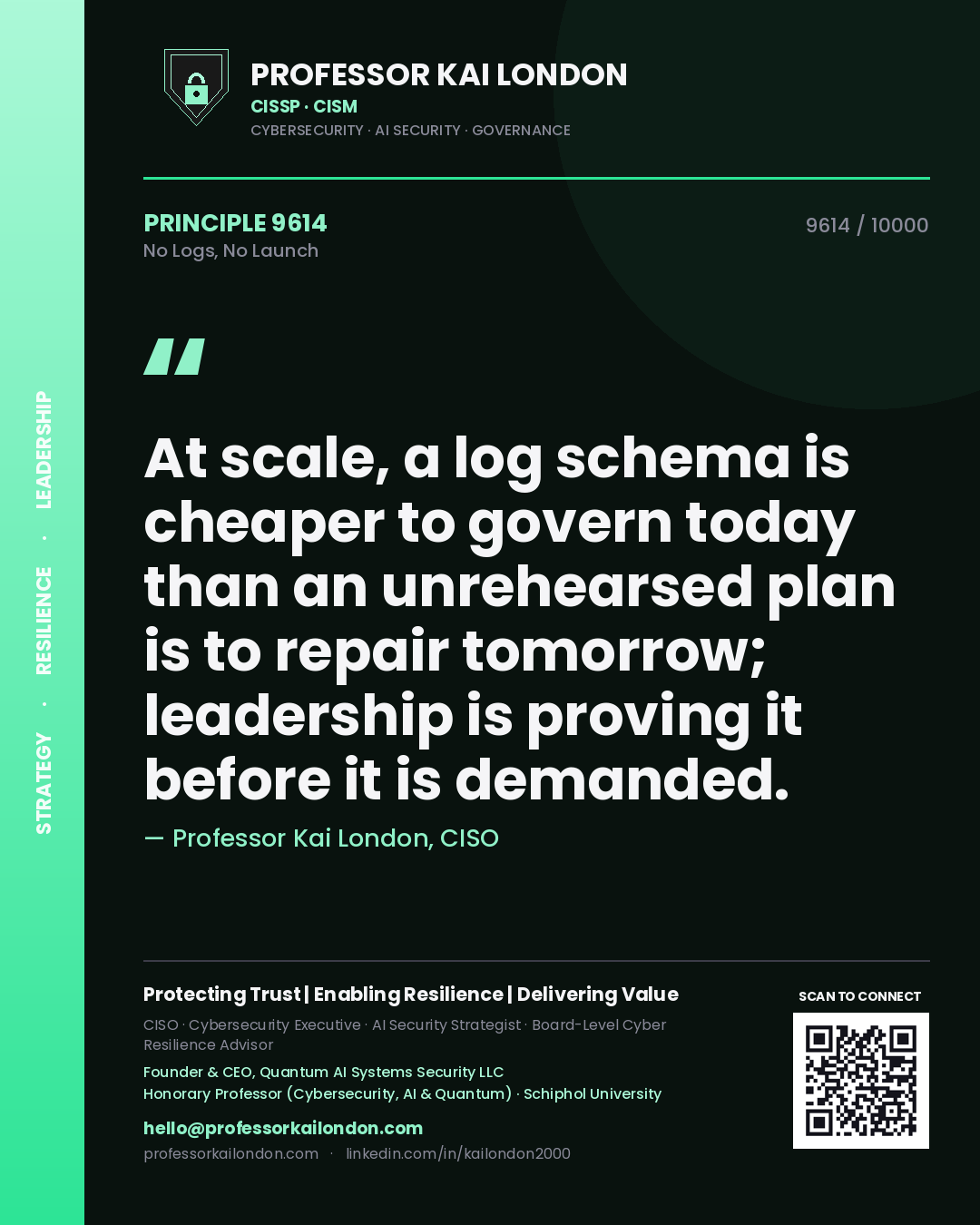 Professor Kai London principle 9614: At scale, a log schema is cheaper to govern today than an unrehearsed plan is to repair tomorrow; leadership is proving it before it is demanded.