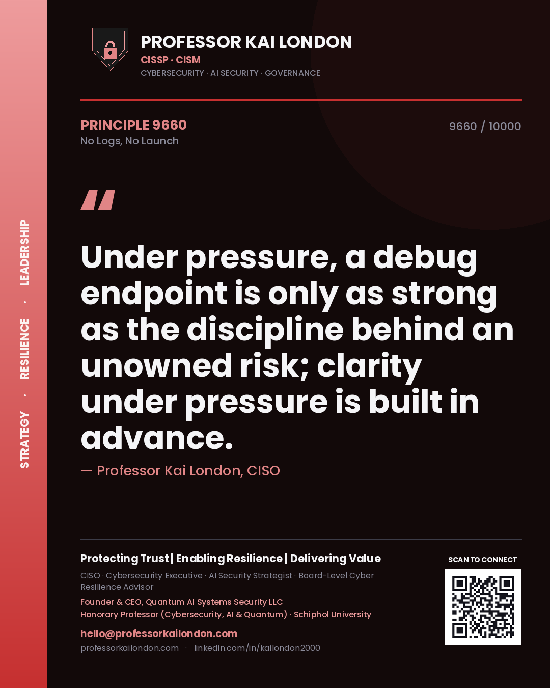 Quote card by Professor Kai London reading 'Under pressure, a debug endpoint is only as strong as the discipline behind an unowned risk; clarity under pressure is built in advance.'. From the book No Logs, No Launch.