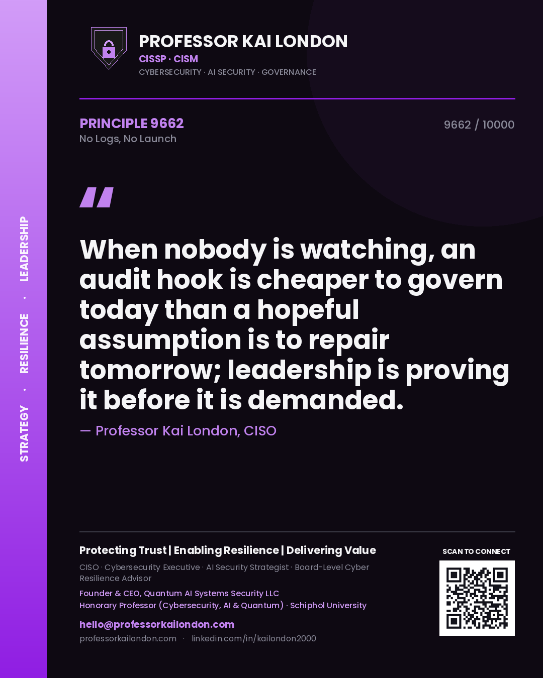 Quote card by Professor Kai London reading 'When nobody is watching, an audit hook is cheaper to govern today than a hopeful assumption is to repair tomorrow; leadership is proving it before it is demanded.'. From the book No Logs, No Launch.