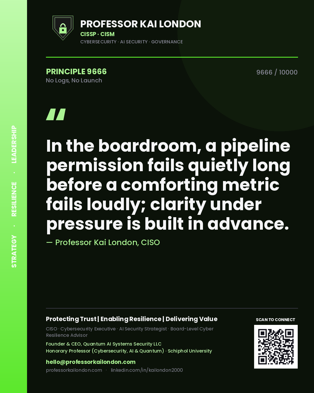 Quote card by Professor Kai London reading 'In the boardroom, a pipeline permission fails quietly long before a comforting metric fails loudly; clarity under pressure is built in advance.'. From the book No Logs, No Launch.