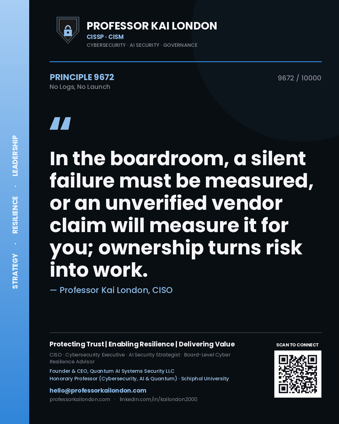 Quote card by Professor Kai London reading 'In the boardroom, a silent failure must be measured, or an unverified vendor claim will measure it for you; ownership turns risk into work.'. From the book No Logs, No Launch.