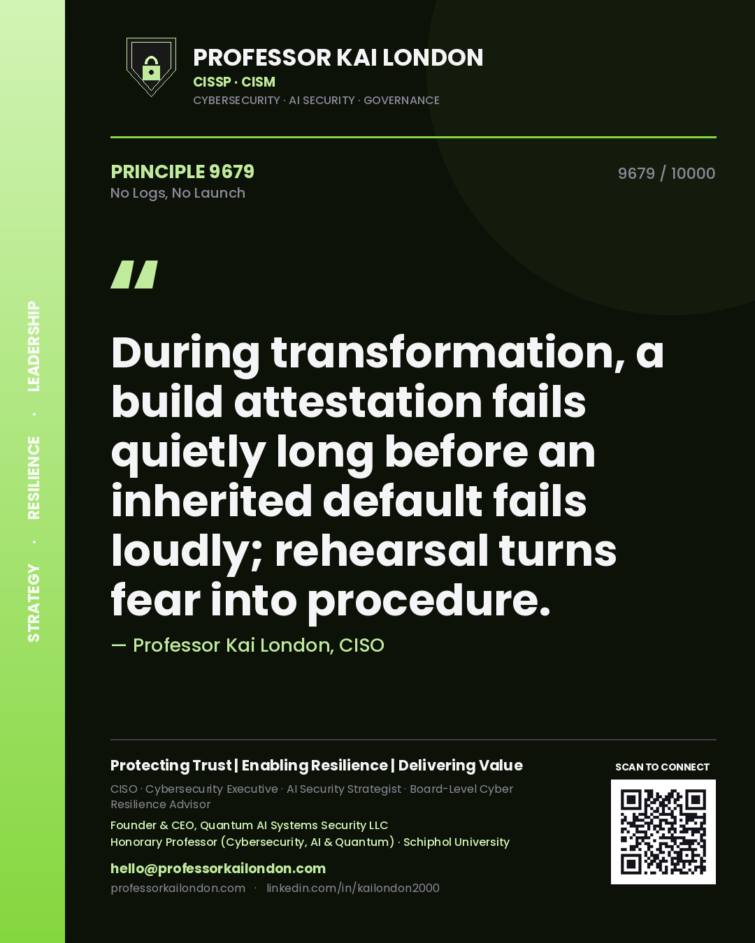 Quote card by Professor Kai London reading 'During transformation, a build attestation fails quietly long before an inherited default fails loudly; rehearsal turns fear into procedure.'. From the book No Logs, No Launch.