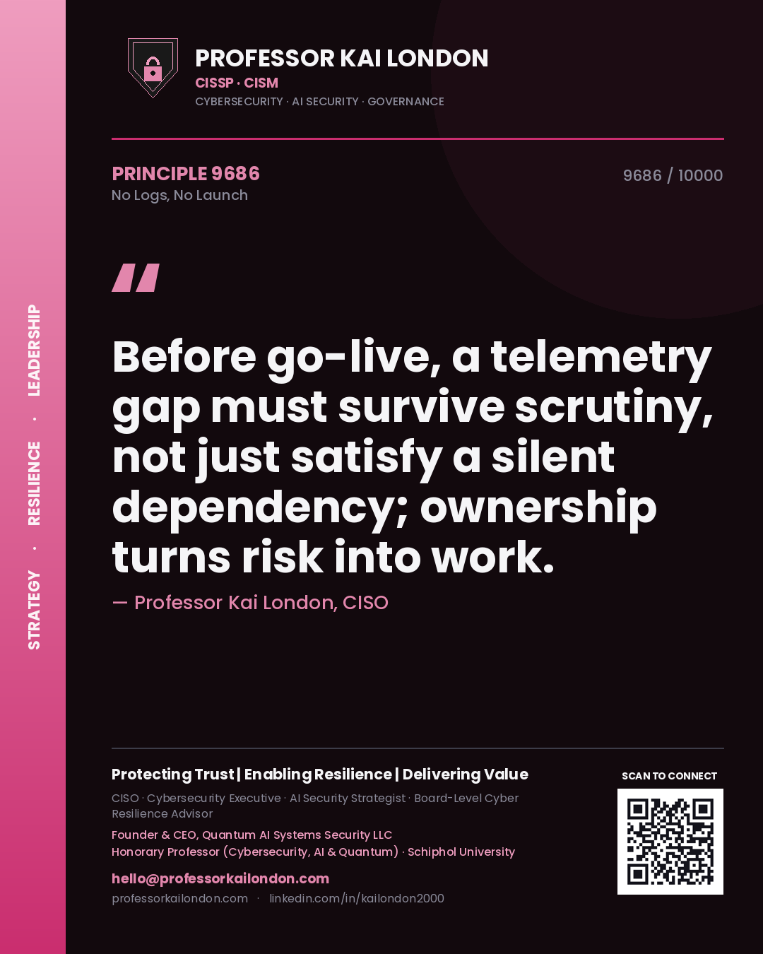 Quote card by Professor Kai London reading 'Before go-live, a telemetry gap must survive scrutiny, not just satisfy a silent dependency; ownership turns risk into work.'. From the book No Logs, No Launch.