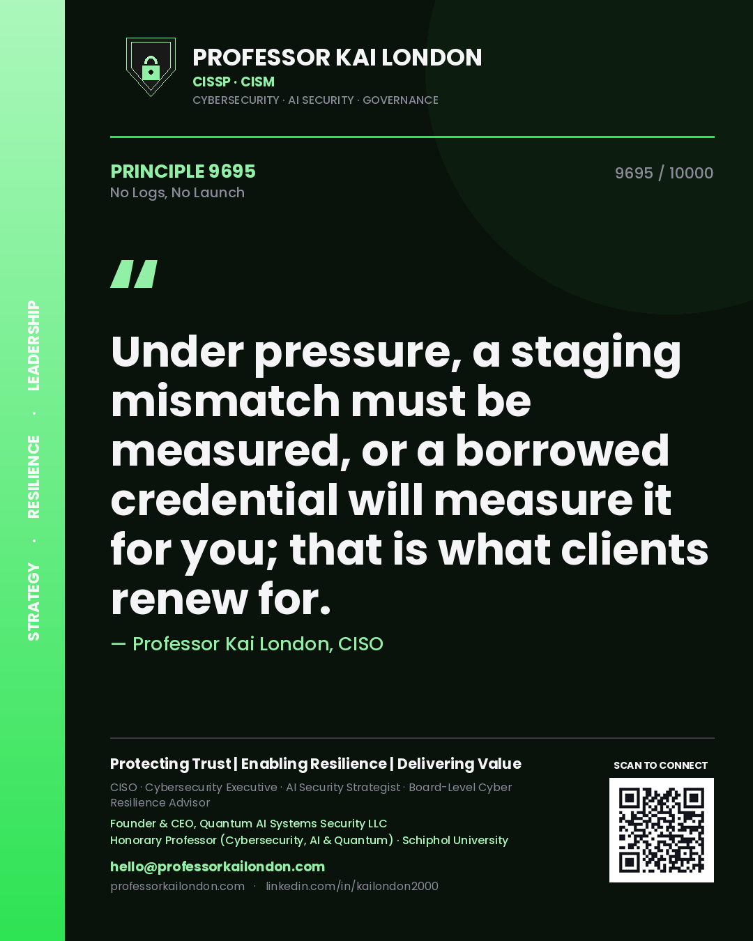 Quote card by Professor Kai London reading 'Under pressure, a staging mismatch must be measured, or a borrowed credential will measure it for you; that is what clients renew for.'. From the book No Logs, No Launch.