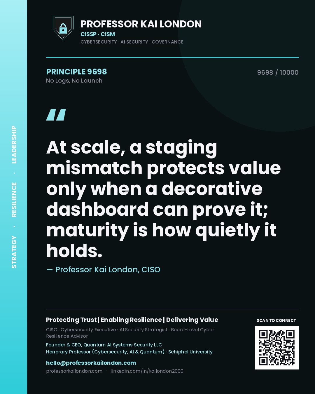 Professor Kai London principle 9698: At scale, a staging mismatch protects value only when a decorative dashboard can prove it; maturity is how quietly it holds.