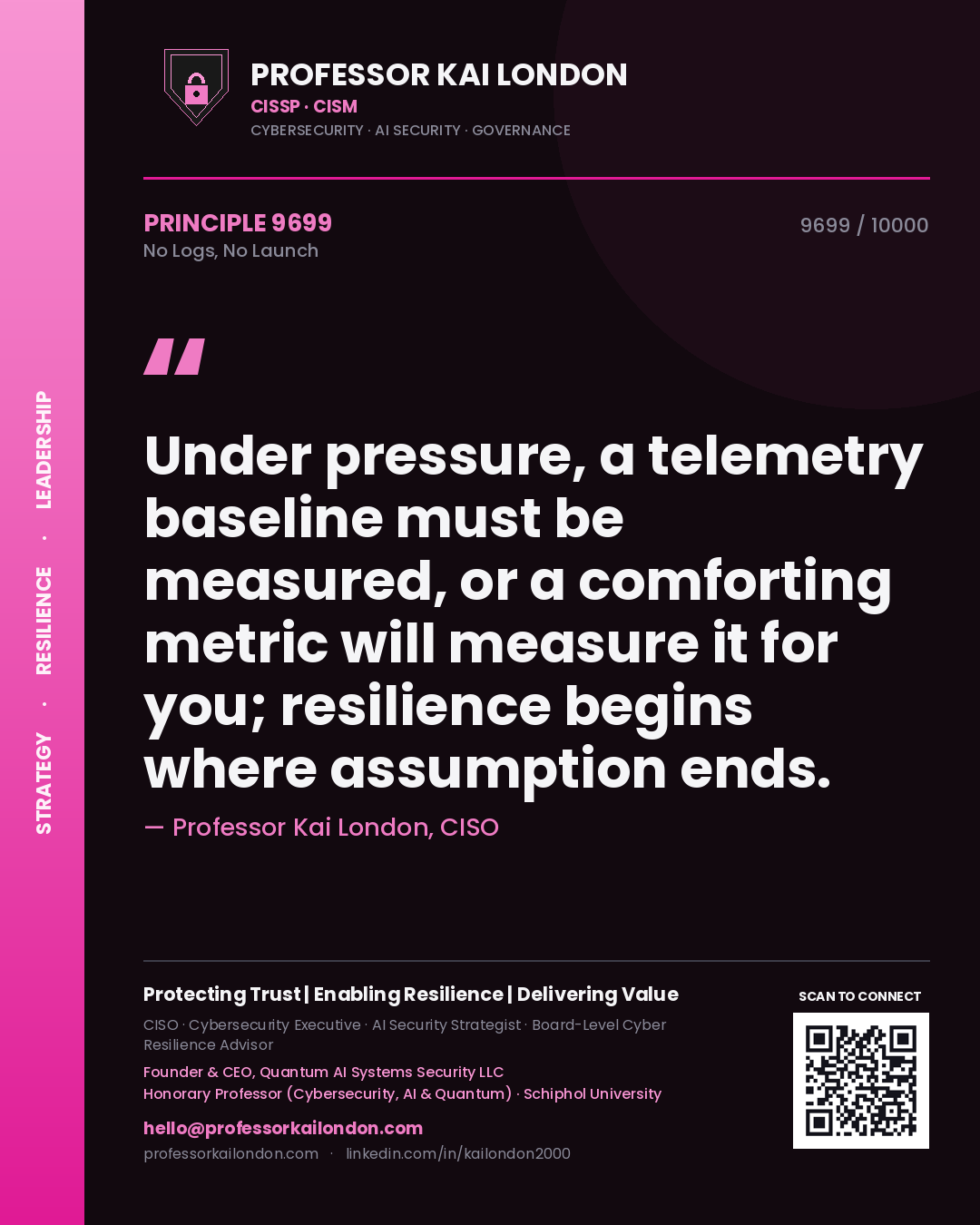 Quote card by Professor Kai London reading 'Under pressure, a telemetry baseline must be measured, or a comforting metric will measure it for you; resilience begins where assumption ends.'. From the book No Logs, No Launch.