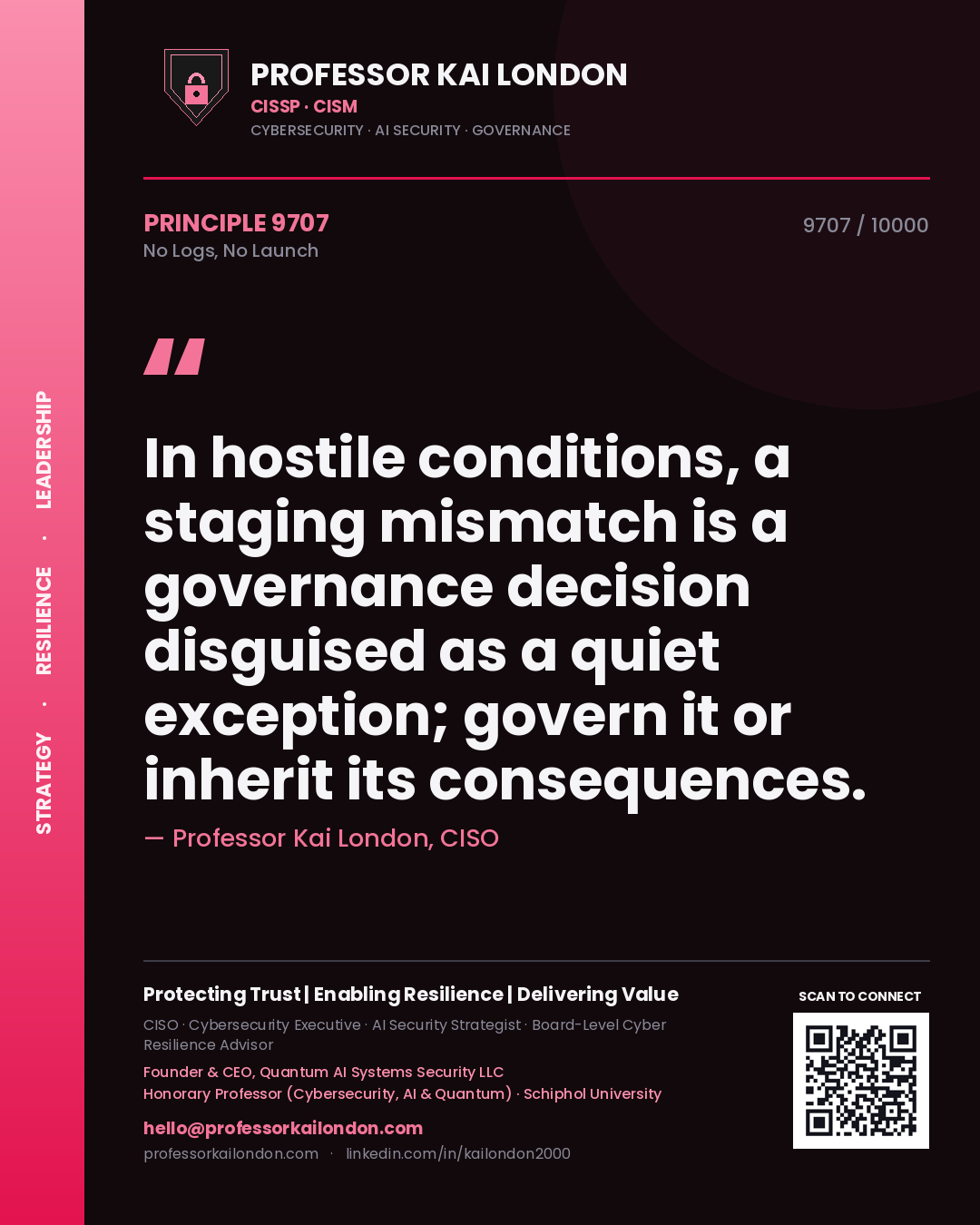 Quote card by Professor Kai London reading 'In hostile conditions, a staging mismatch is a governance decision disguised as a quiet exception; govern it or inherit its consequences.'. From the book No Logs, No Launch.