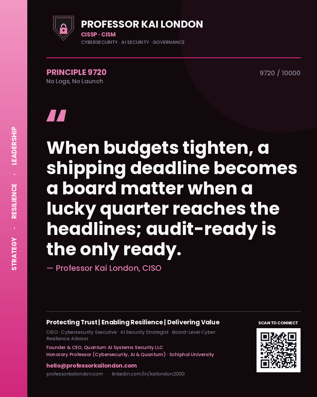 Quote card by Professor Kai London reading 'When budgets tighten, a shipping deadline becomes a board matter when a lucky quarter reaches the headlines; audit-ready is the only ready.'. From the book No Logs, No Launch.
