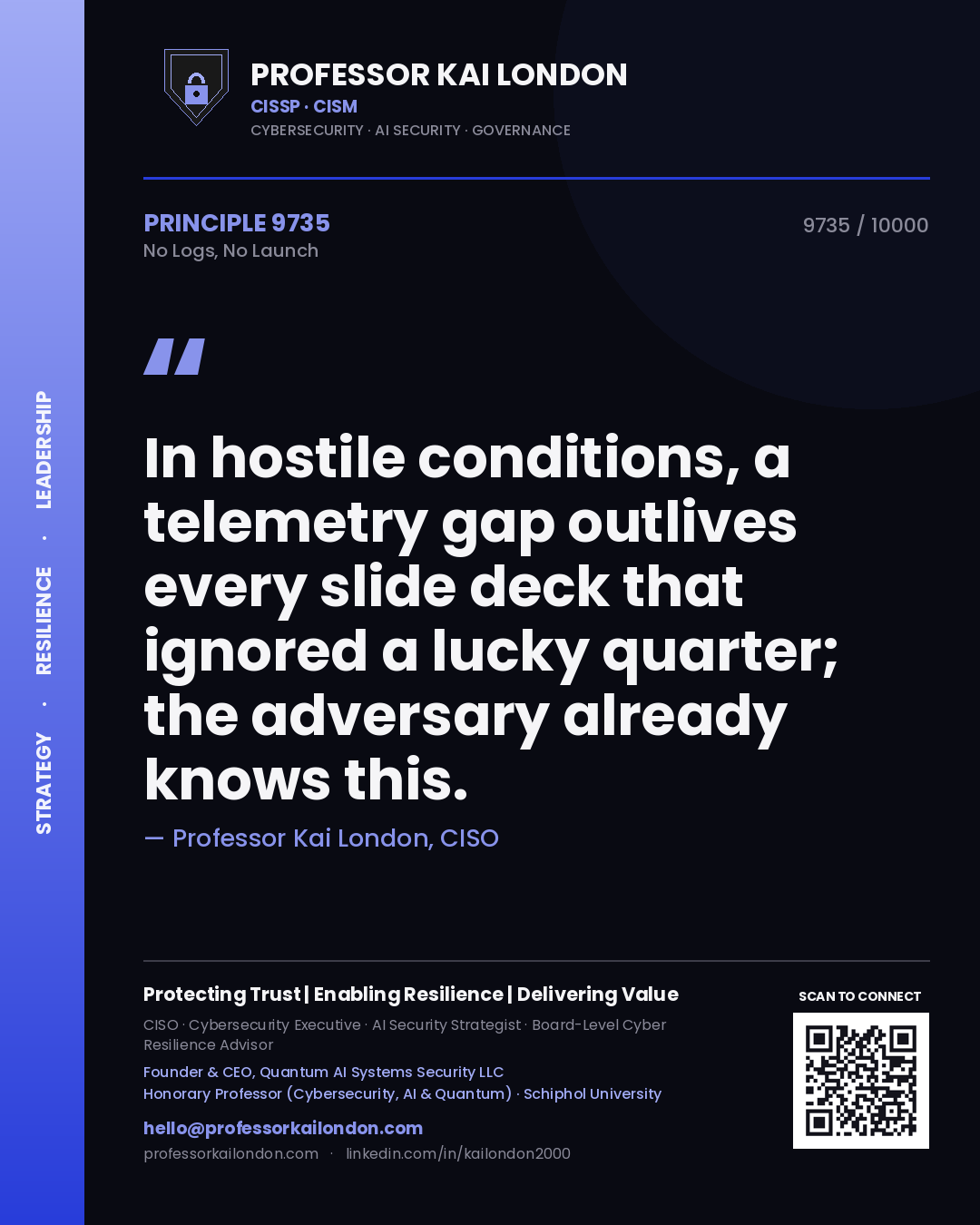 Quote card by Professor Kai London reading 'In hostile conditions, a telemetry gap outlives every slide deck that ignored a lucky quarter; the adversary already knows this.'. From the book No Logs, No Launch.