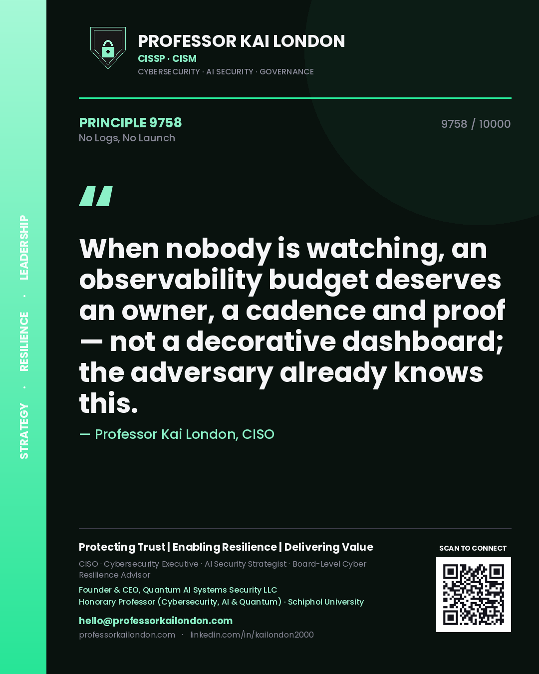 Quote card by Professor Kai London reading 'When nobody is watching, an observability budget deserves an owner, a cadence and proof — not a decorative dashboard; the adversary already knows this.'. From the book No Logs, No Launch.