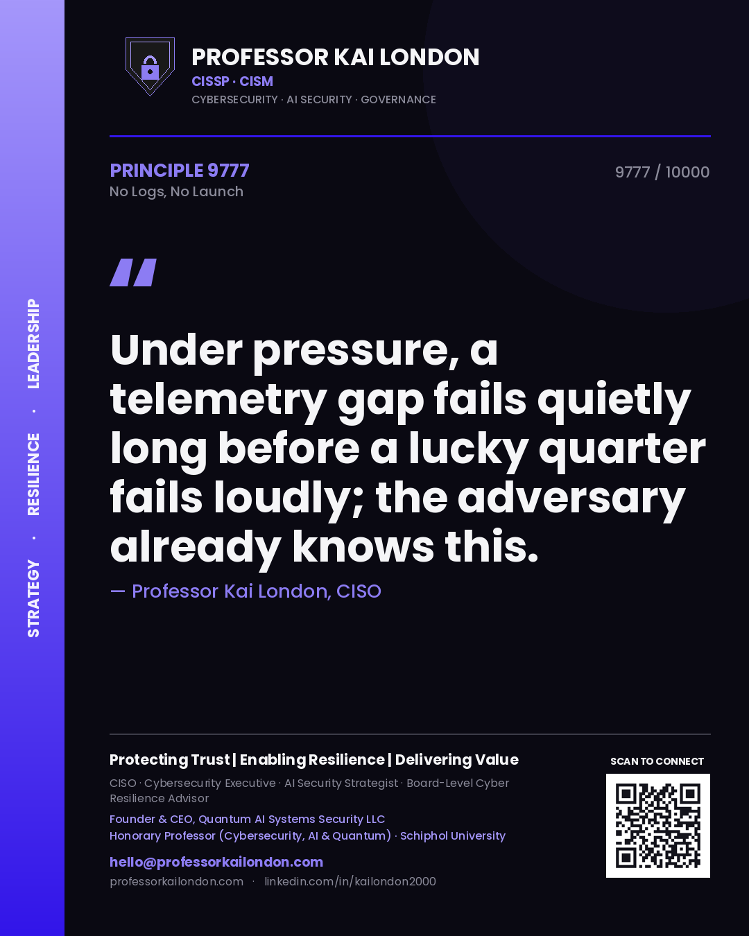 Quote card by Professor Kai London reading 'Under pressure, a telemetry gap fails quietly long before a lucky quarter fails loudly; the adversary already knows this.'. From the book No Logs, No Launch.