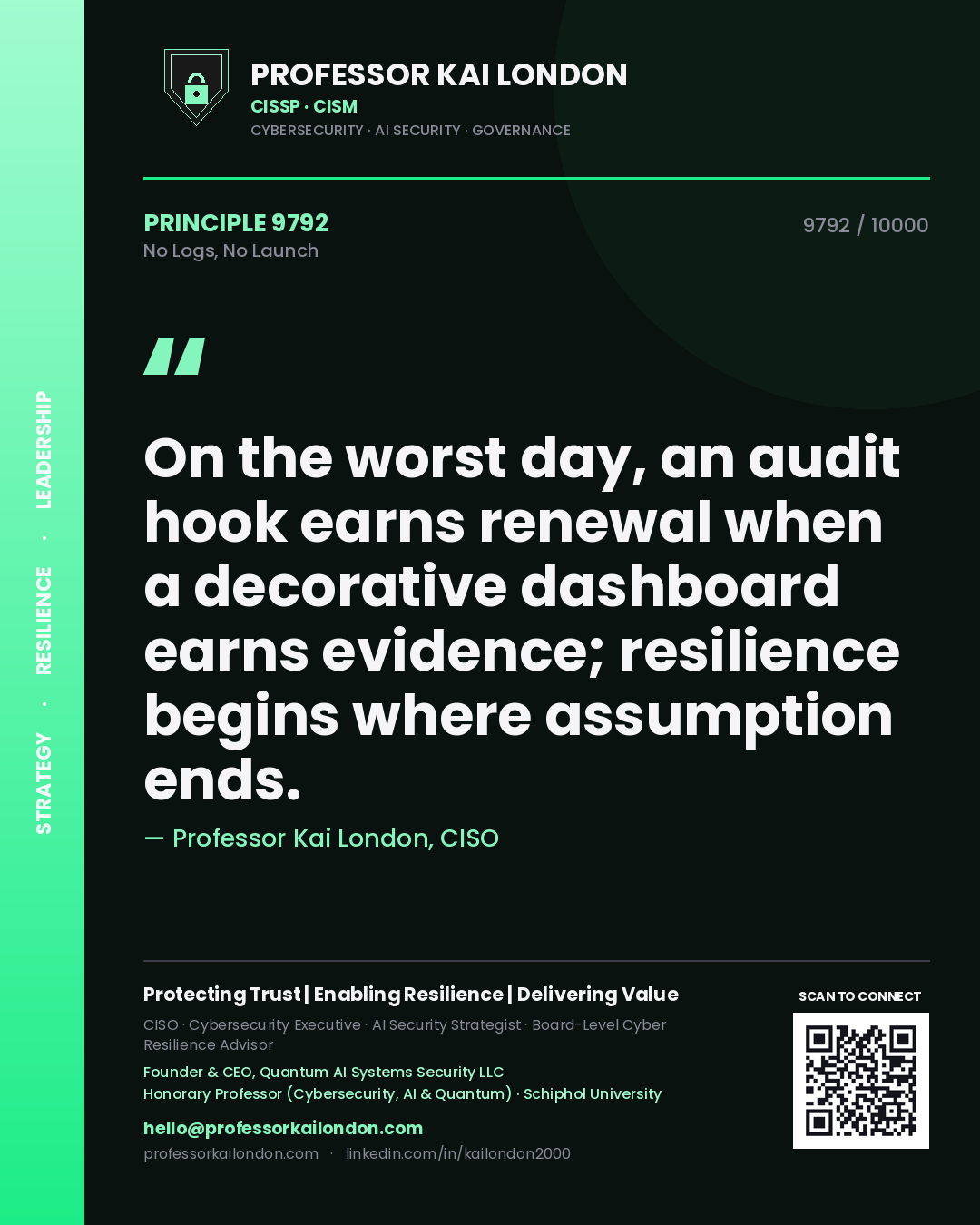 Quote card by Professor Kai London reading 'On the worst day, an audit hook earns renewal when a decorative dashboard earns evidence; resilience begins where assumption ends.'. From the book No Logs, No Launch.