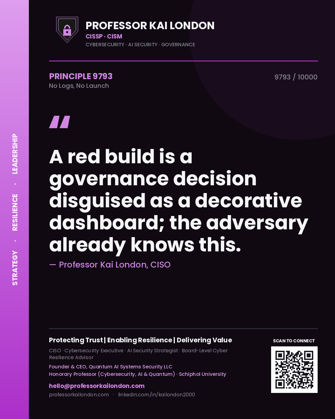Quote card by Professor Kai London reading 'A red build is a governance decision disguised as a decorative dashboard; the adversary already knows this.'. From the book No Logs, No Launch.